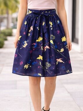 ModCloth Dinosaur Space Print Pleated Skirt Size 12 Tie Waist Navy Novelty